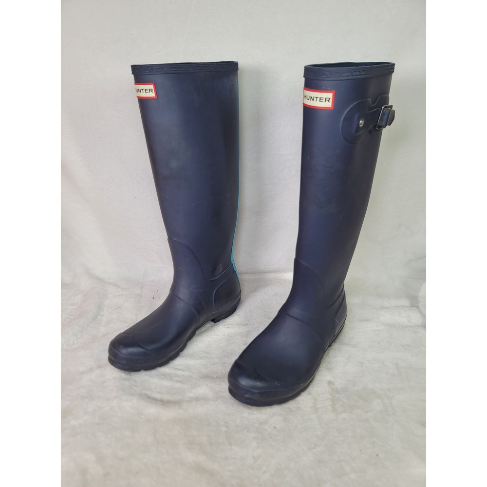 Hunter Original Stripe Tall Rain Boots Navy Turquoise Waterproof Size 9 Gorpcore